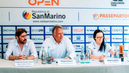 Il tavolo dei relatori della conferenza stampa degli Internazionali di San Marino giunti alla 31a edizione