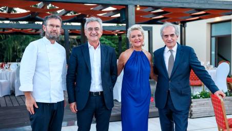 Carlo Cracco, il presidente Giancarlo Negosanti, Lucia Magnani e il sindaco Gianluca Zattini alla cena dei saluti al Grand Hotel Castrocaro Terme