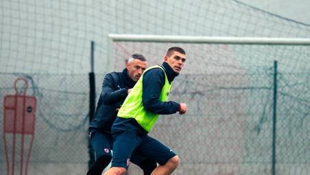 Michele Trombetta durante il primo allenamento in maglia biancorossa