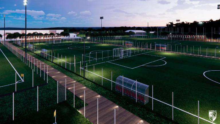 Il rendering del nuovo progetto “Responsible Health &amp; Performance Center” (foto Rimini Fc)