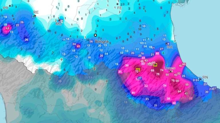 La mappa con le intensità delle precipitazioni di ieri realizzata da Emilia-Romagna meteo