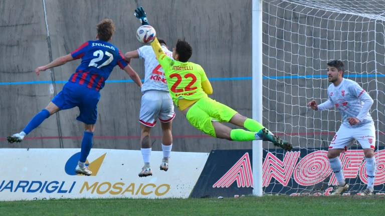 Il portiere biancorosso Luca Martelli ha tolto le castagne dal fuoco alla capolista domenica scorsa al Morgagni contro il Progresso (Blaco)