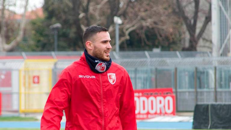 L’attaccante Luca Gagliano durante l’allenamento al Romeo Neri foto RIMINI FC