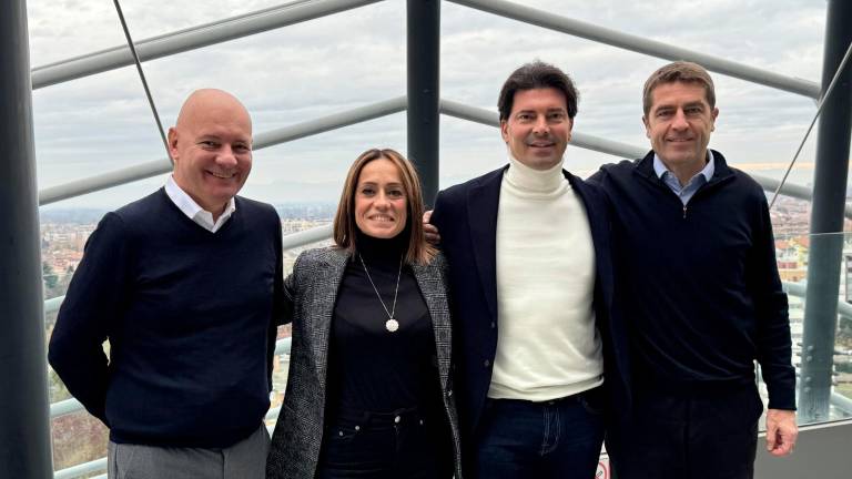 Da sinistra Angelo Guaragni (Ad Zucchetti Hospitality), Daniela Morgese, Giuliano Lanzetti Ceo Pienissimo) e Alessandro Zucchetti